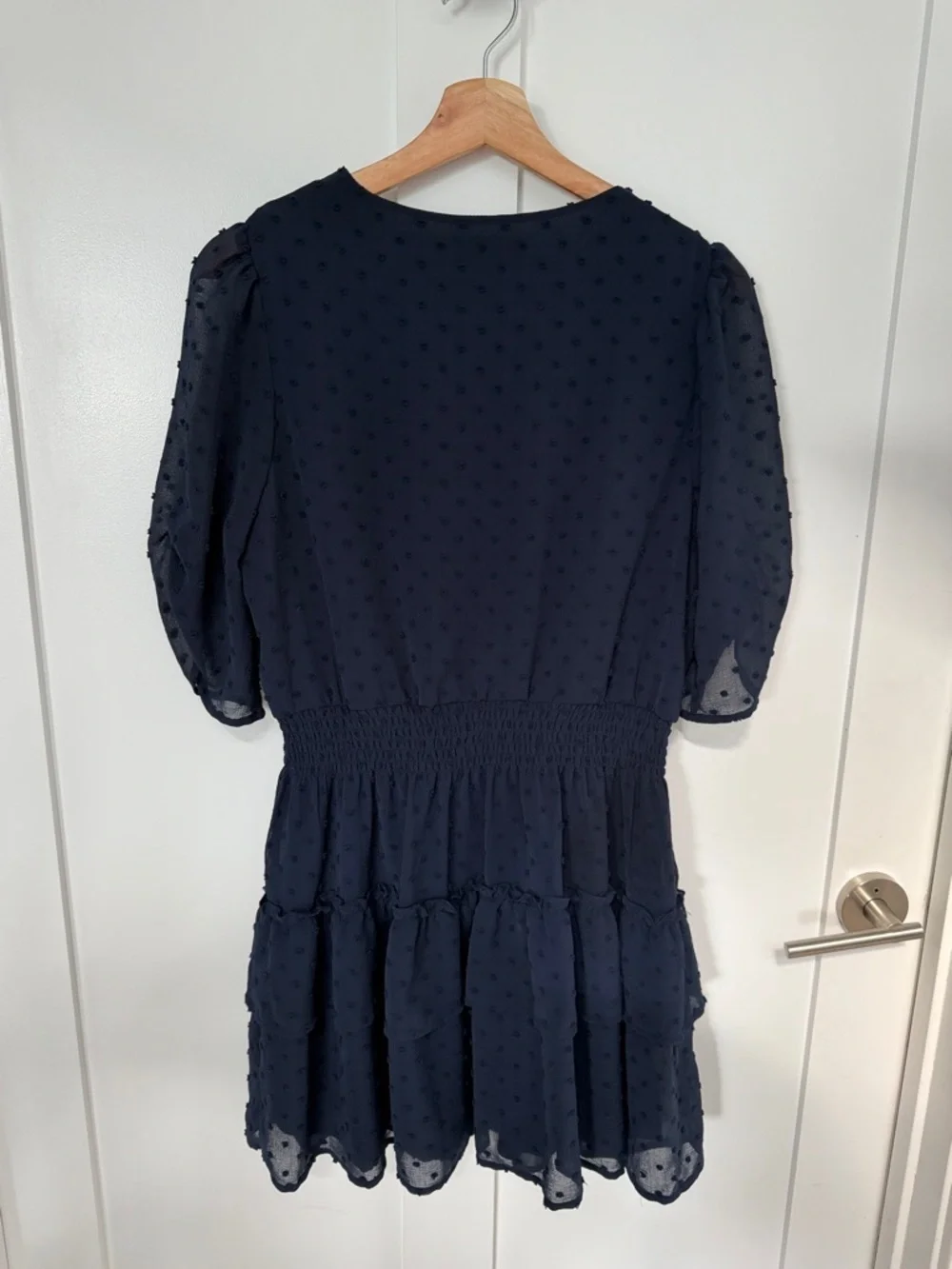 Altar'd State Navy Swiss Dot Surplice Mini Dress
